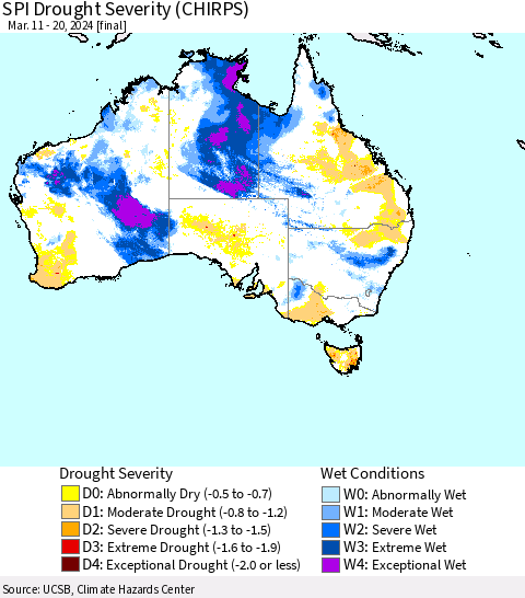 Australia SPI Drought Severity (CHIRPS) Thematic Map For 3/11/2024 - 3/20/2024