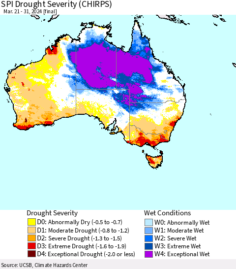 Australia SPI Drought Severity (CHIRPS) Thematic Map For 3/21/2024 - 3/31/2024