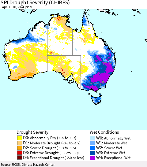 Australia SPI Drought Severity (CHIRPS) Thematic Map For 4/1/2024 - 4/10/2024