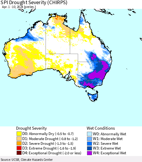 Australia SPI Drought Severity (CHIRPS) Thematic Map For 4/1/2024 - 4/10/2024
