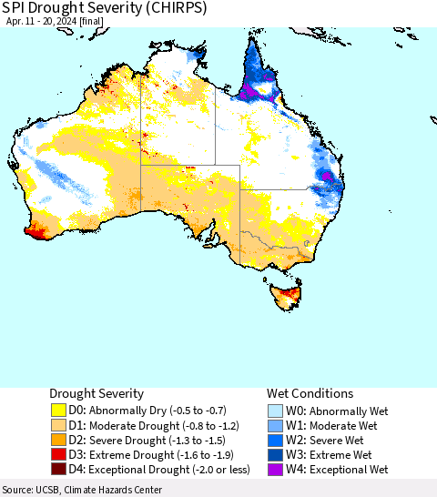 Australia SPI Drought Severity (CHIRPS) Thematic Map For 4/11/2024 - 4/20/2024