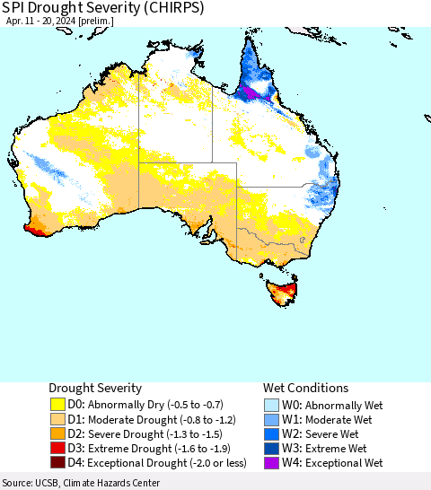 Australia SPI Drought Severity (CHIRPS) Thematic Map For 4/11/2024 - 4/20/2024