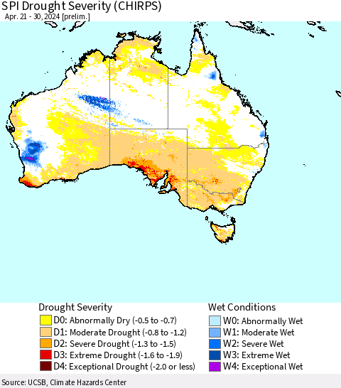 Australia SPI Drought Severity (CHIRPS) Thematic Map For 4/21/2024 - 4/30/2024