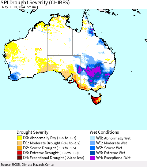 Australia SPI Drought Severity (CHIRPS) Thematic Map For 5/1/2024 - 5/10/2024