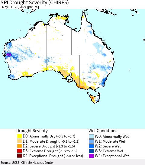 Australia SPI Drought Severity (CHIRPS) Thematic Map For 5/11/2024 - 5/20/2024