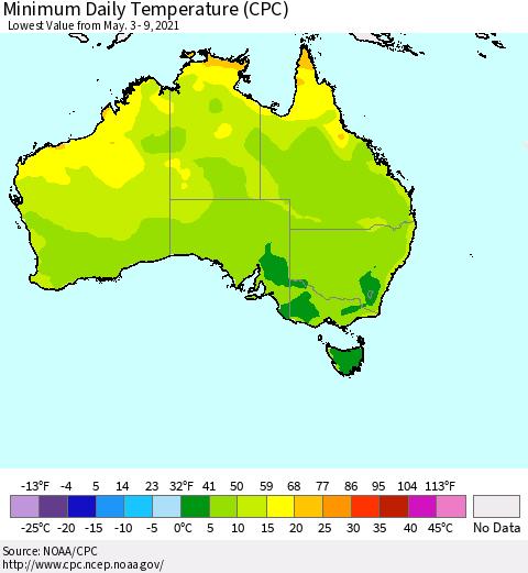 Australia Minimum Daily Temperature (CPC) Thematic Map For 5/3/2021 - 5/9/2021