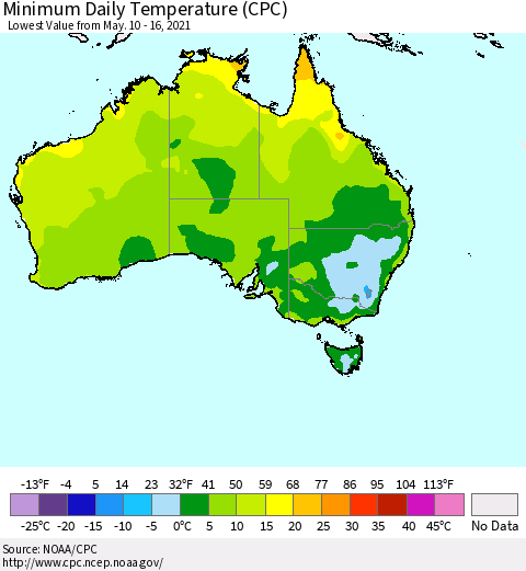Australia Minimum Daily Temperature (CPC) Thematic Map For 5/10/2021 - 5/16/2021