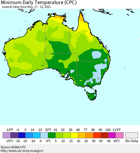 Australia Minimum Daily Temperature (CPC) Thematic Map For 5/17/2021 - 5/23/2021