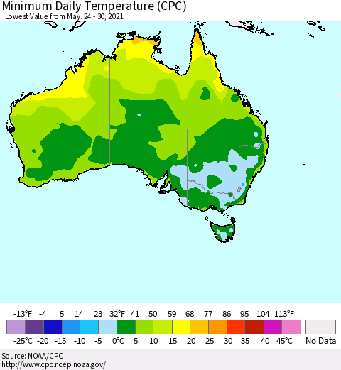 Australia Minimum Daily Temperature (CPC) Thematic Map For 5/24/2021 - 5/30/2021