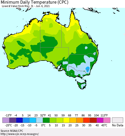 Australia Minimum Daily Temperature (CPC) Thematic Map For 5/31/2021 - 6/6/2021