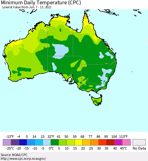 Australia Minimum Daily Temperature (CPC) Thematic Map For 6/7/2021 - 6/13/2021