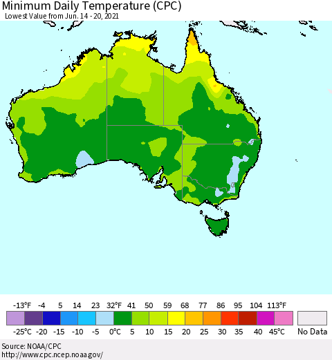 Australia Minimum Daily Temperature (CPC) Thematic Map For 6/14/2021 - 6/20/2021