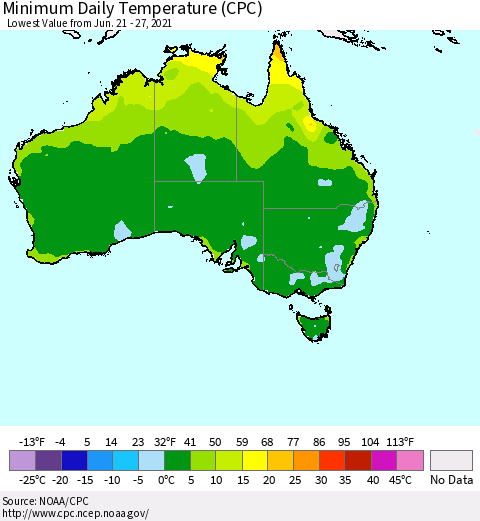 Australia Minimum Daily Temperature (CPC) Thematic Map For 6/21/2021 - 6/27/2021