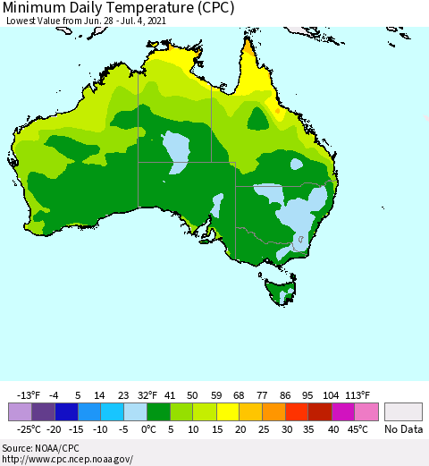 Australia Minimum Daily Temperature (CPC) Thematic Map For 6/28/2021 - 7/4/2021