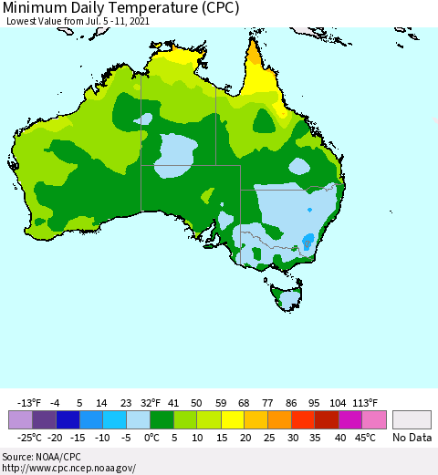 Australia Minimum Daily Temperature (CPC) Thematic Map For 7/5/2021 - 7/11/2021