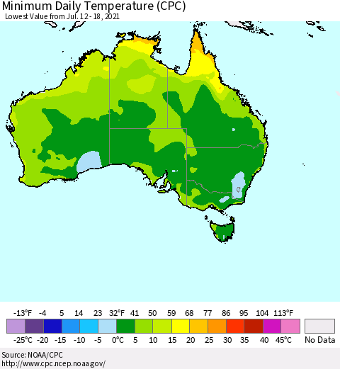 Australia Minimum Daily Temperature (CPC) Thematic Map For 7/12/2021 - 7/18/2021