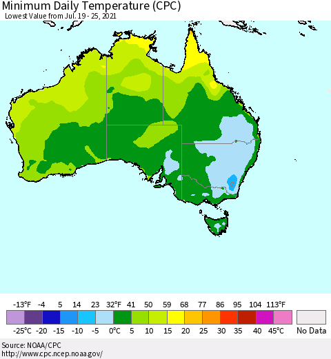 Australia Minimum Daily Temperature (CPC) Thematic Map For 7/19/2021 - 7/25/2021