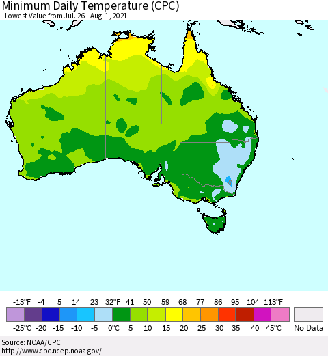 Australia Minimum Daily Temperature (CPC) Thematic Map For 7/26/2021 - 8/1/2021
