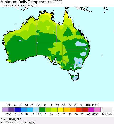 Australia Minimum Daily Temperature (CPC) Thematic Map For 8/2/2021 - 8/8/2021