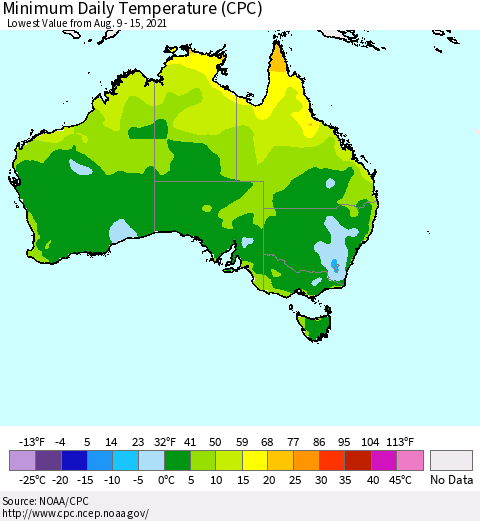 Australia Minimum Daily Temperature (CPC) Thematic Map For 8/9/2021 - 8/15/2021