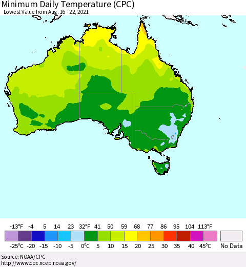 Australia Minimum Daily Temperature (CPC) Thematic Map For 8/16/2021 - 8/22/2021