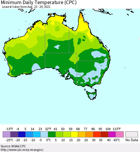 Australia Minimum Daily Temperature (CPC) Thematic Map For 8/23/2021 - 8/29/2021