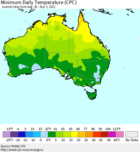Australia Minimum Daily Temperature (CPC) Thematic Map For 8/30/2021 - 9/5/2021