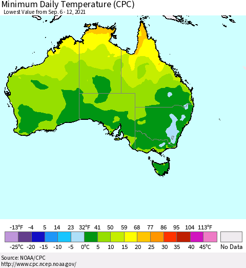Australia Minimum Daily Temperature (CPC) Thematic Map For 9/6/2021 - 9/12/2021