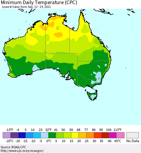Australia Minimum Daily Temperature (CPC) Thematic Map For 9/13/2021 - 9/19/2021
