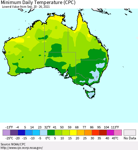 Australia Minimum Daily Temperature (CPC) Thematic Map For 9/20/2021 - 9/26/2021