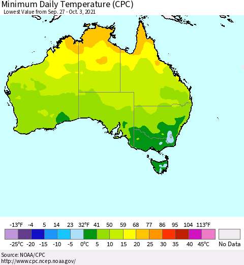 Australia Minimum Daily Temperature (CPC) Thematic Map For 9/27/2021 - 10/3/2021