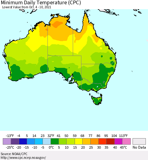Australia Minimum Daily Temperature (CPC) Thematic Map For 10/4/2021 - 10/10/2021