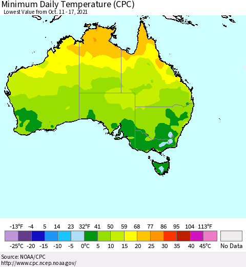 Australia Minimum Daily Temperature (CPC) Thematic Map For 10/11/2021 - 10/17/2021
