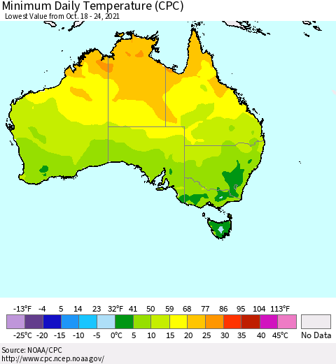 Australia Minimum Daily Temperature (CPC) Thematic Map For 10/18/2021 - 10/24/2021