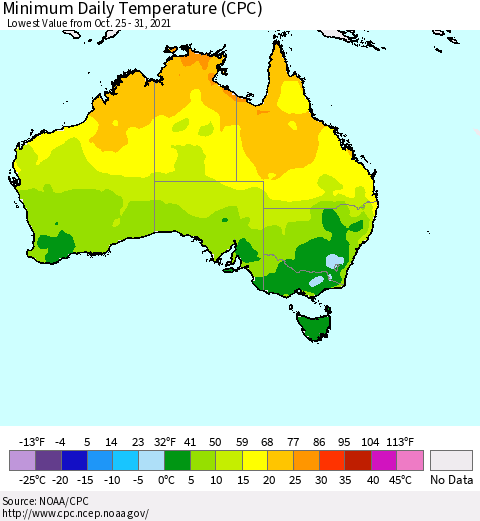 Australia Minimum Daily Temperature (CPC) Thematic Map For 10/25/2021 - 10/31/2021