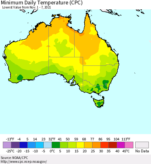 Australia Minimum Daily Temperature (CPC) Thematic Map For 11/1/2021 - 11/7/2021