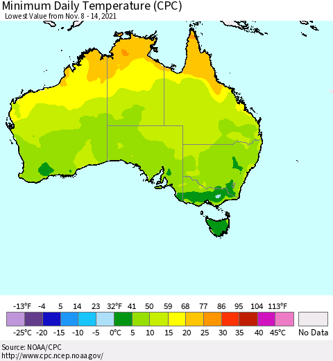 Australia Minimum Daily Temperature (CPC) Thematic Map For 11/8/2021 - 11/14/2021