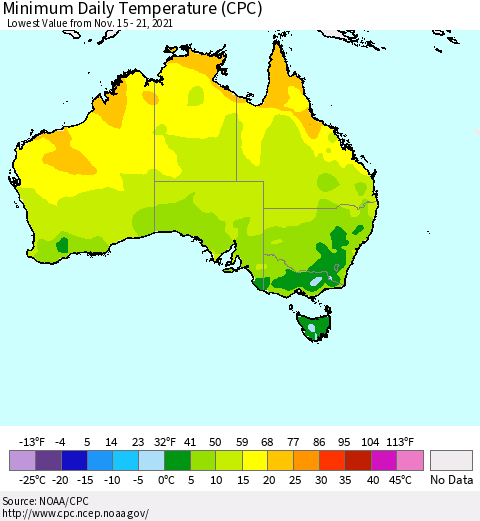 Australia Minimum Daily Temperature (CPC) Thematic Map For 11/15/2021 - 11/21/2021