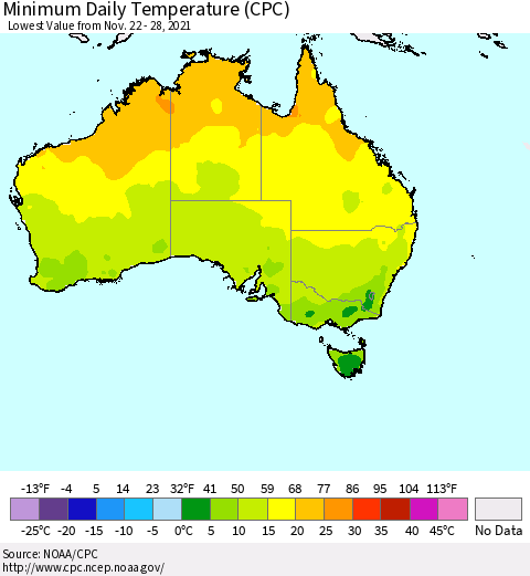 Australia Minimum Daily Temperature (CPC) Thematic Map For 11/22/2021 - 11/28/2021