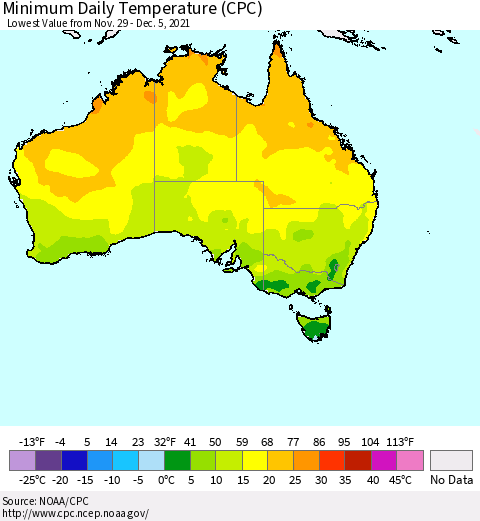 Australia Minimum Daily Temperature (CPC) Thematic Map For 11/29/2021 - 12/5/2021