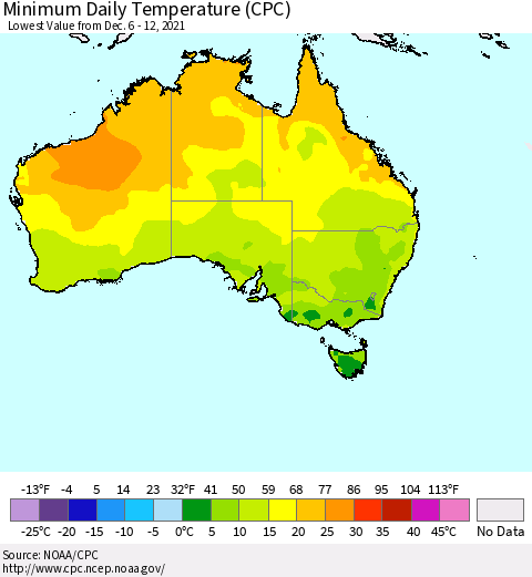 Australia Minimum Daily Temperature (CPC) Thematic Map For 12/6/2021 - 12/12/2021