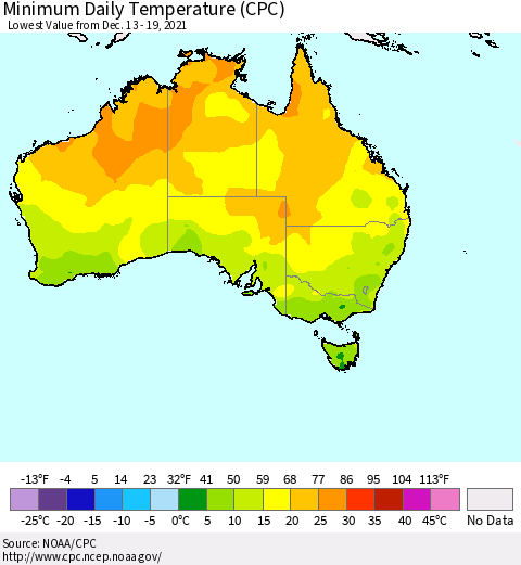 Australia Minimum Daily Temperature (CPC) Thematic Map For 12/13/2021 - 12/19/2021