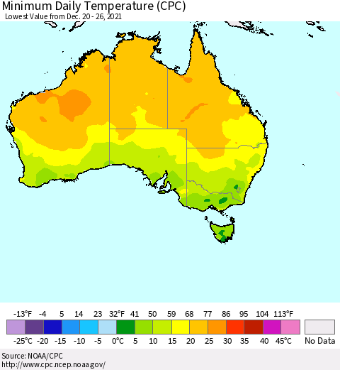 Australia Minimum Daily Temperature (CPC) Thematic Map For 12/20/2021 - 12/26/2021