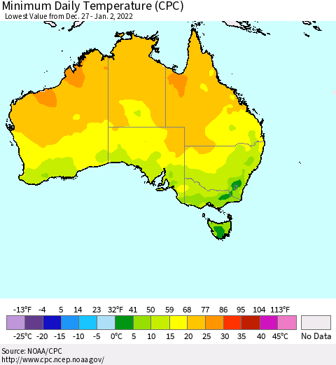Australia Minimum Daily Temperature (CPC) Thematic Map For 12/27/2021 - 1/2/2022