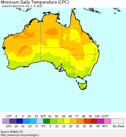 Australia Minimum Daily Temperature (CPC) Thematic Map For 1/3/2022 - 1/9/2022
