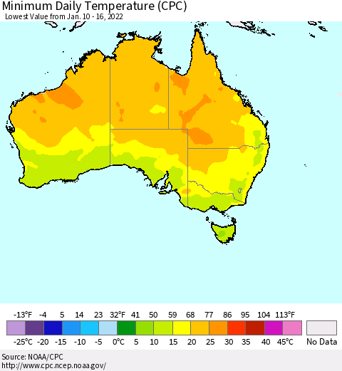 Australia Minimum Daily Temperature (CPC) Thematic Map For 1/10/2022 - 1/16/2022