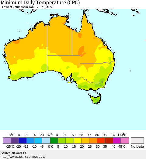 Australia Minimum Daily Temperature (CPC) Thematic Map For 1/17/2022 - 1/23/2022