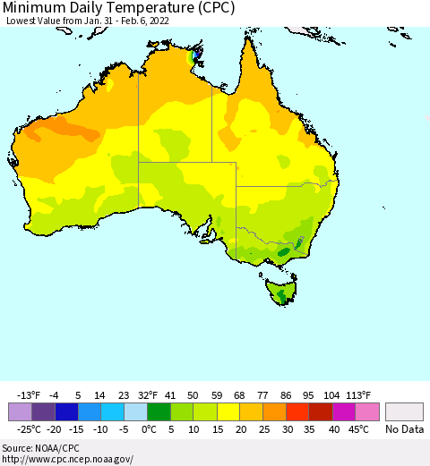 Australia Minimum Daily Temperature (CPC) Thematic Map For 1/31/2022 - 2/6/2022