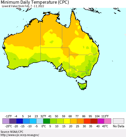 Australia Minimum Daily Temperature (CPC) Thematic Map For 2/7/2022 - 2/13/2022