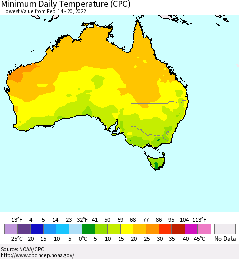Australia Minimum Daily Temperature (CPC) Thematic Map For 2/14/2022 - 2/20/2022